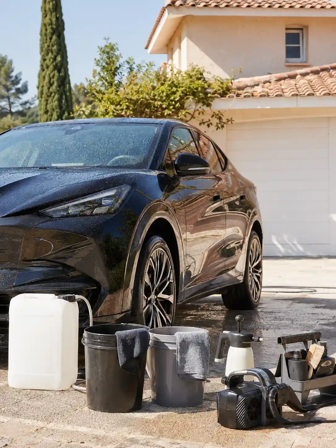 Nettoyage de voiture à domicile devant une maison autour de Narbonne